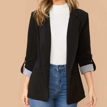 Women Casual Blazer Slim Fit 3/4 Sleeve Striped Cuff
