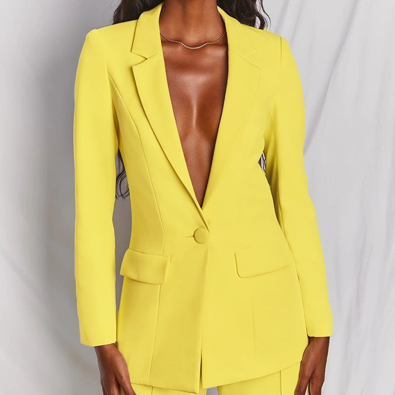 Women's Solid Blazer Pants Set Business Casual Suit