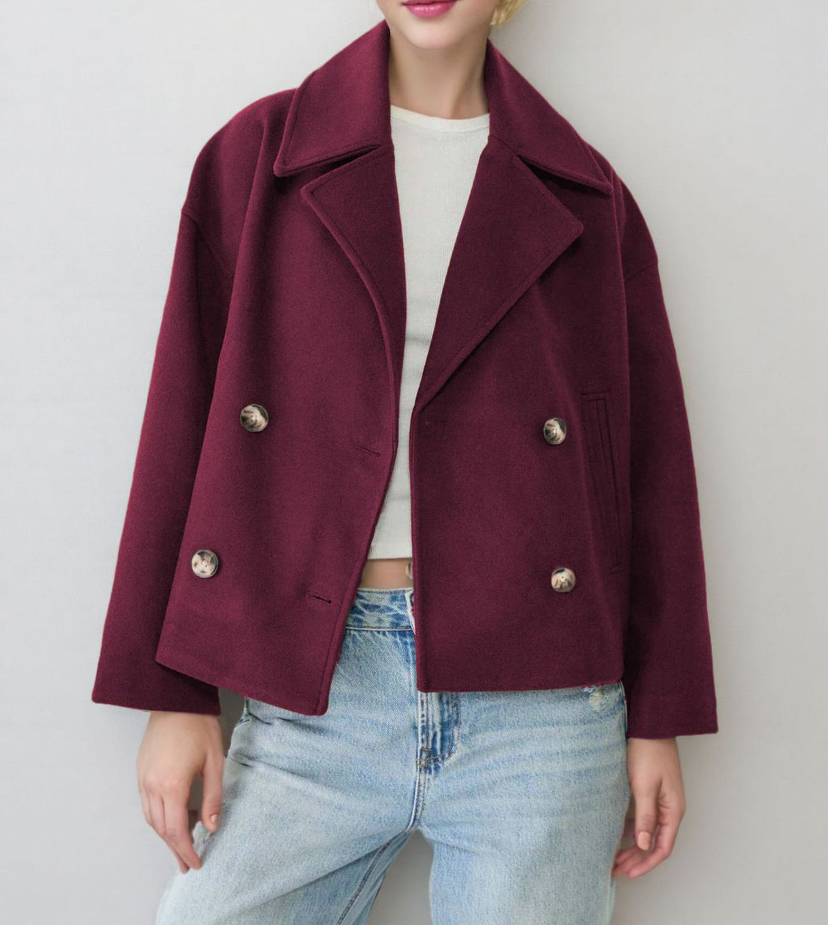 Women's Cropped Double Breasted Wool Coat Jacket