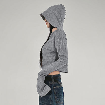 Y2K Gray Hooded Off Shoulder Crop Top Long Sleeve