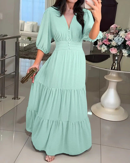 Floral Chiffon Maxi Dress V-Neck 3/4 Sleeve Smocked Tiered