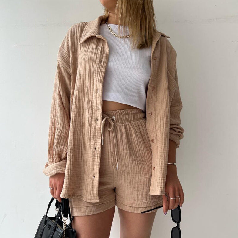 Women's Textured Shirt & Drawstring Shorts Matching Set