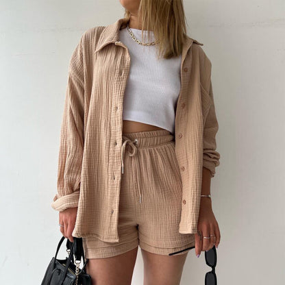 Women's Textured Shirt & Drawstring Shorts Matching Set