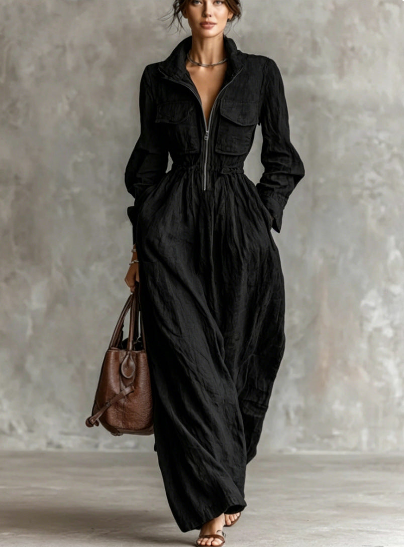 Zip Front Collared Maxi Dress Long Sleeve Elastic Waist