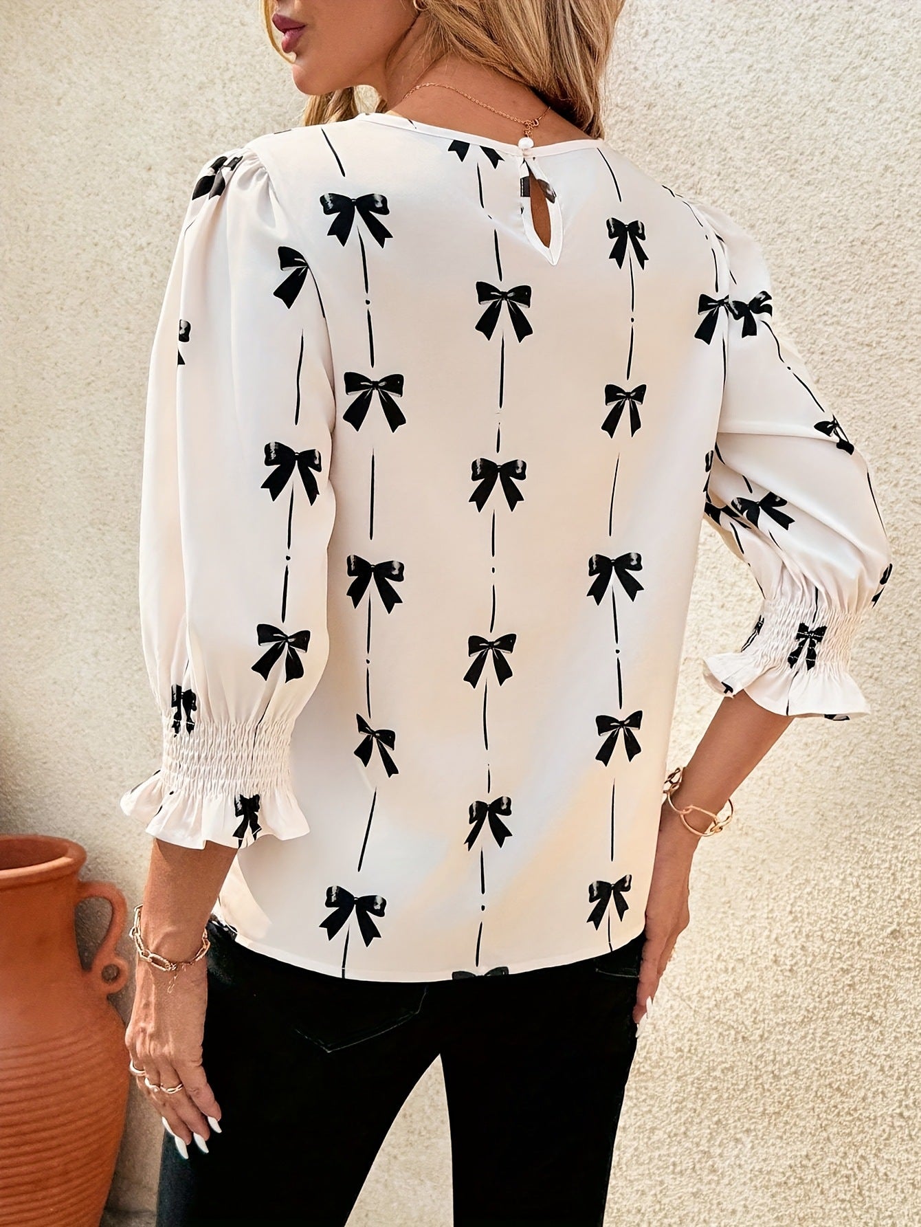 Women's Bow Print Smocked Blouse 3/4 Bell Sleeve Crew Neck