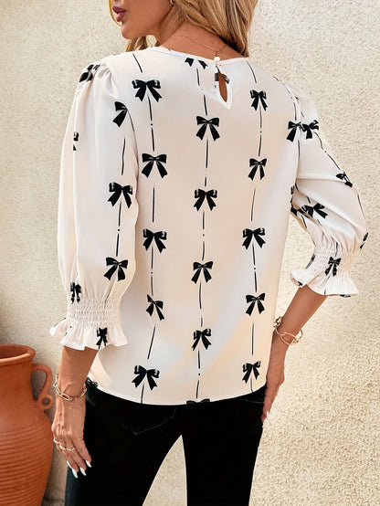 Women's Bow Print Smocked Blouse 3/4 Bell Sleeve Crew Neck