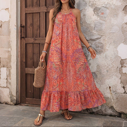 Boho Abstract Print Halter Maxi Dress Backless Resort Dress