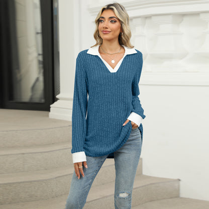 Women's Oversized Contrast Collar V Neck Long Sleeve Top