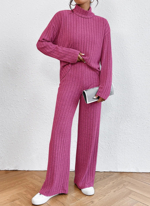 Women's Turtleneck Ribbed Knit Wide Leg Pants Lounge Set