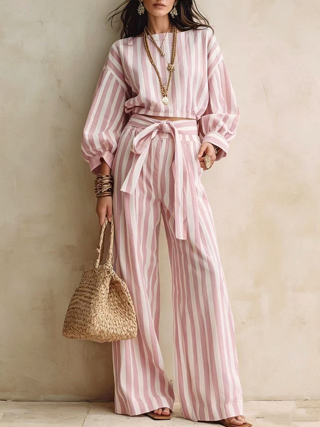Striped Two Piece Crop Top Wide Leg Pants Set