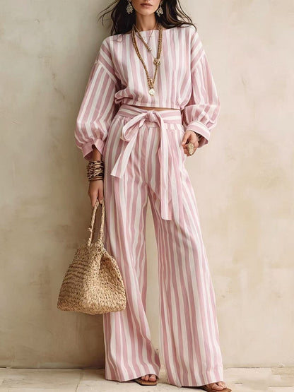 Striped Two Piece Crop Top Wide Leg Pants Set