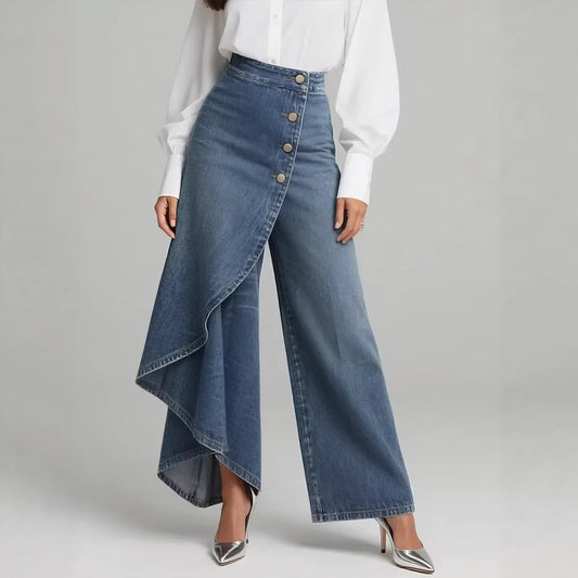Denim Print Wide Leg Pants High Waist Button Front