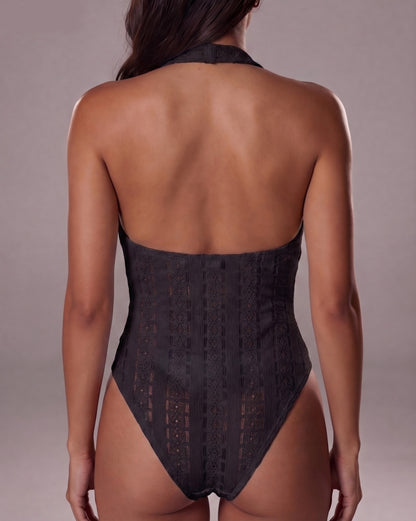Halter V Neck Twist Front Backless Bodysuit for Women