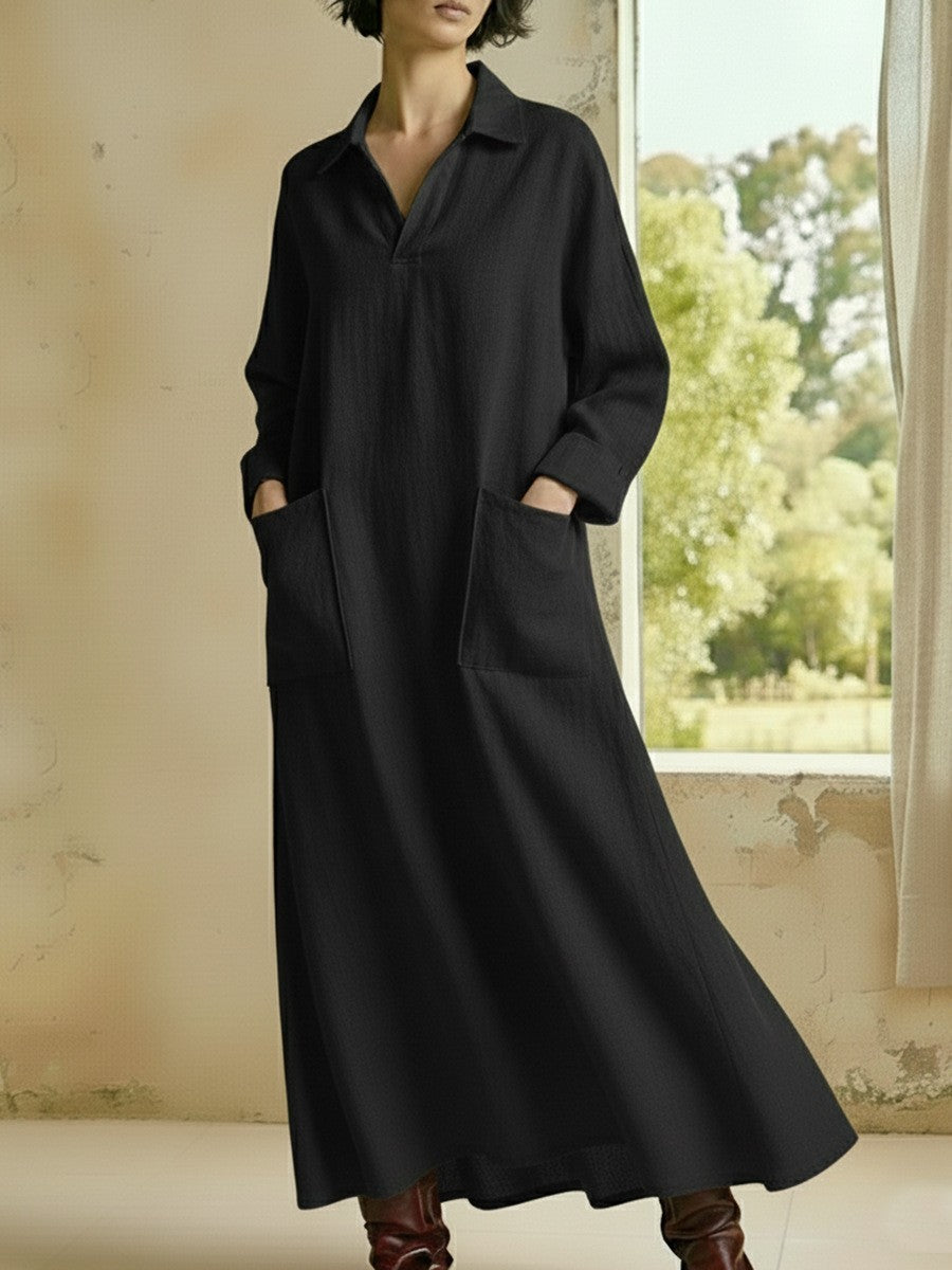 Women's Casual Long Sleeve Polo Maxi Dress with Pockets