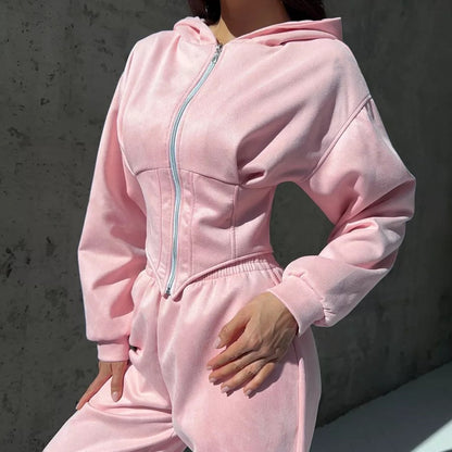 Women's Cinch Waist Zip-Up Hoodie Sweatpants Set