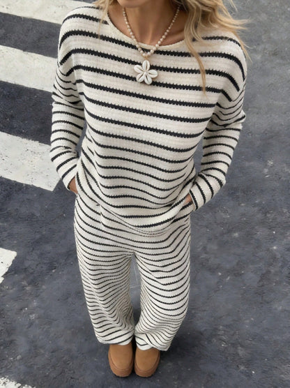 Stripe Knit Lounge Set Crew Neck Top and Wide Leg Pants