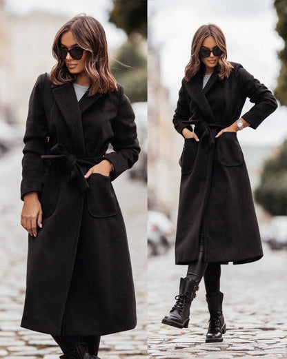Women's Belted Long Wool Coat Lapel Pockets