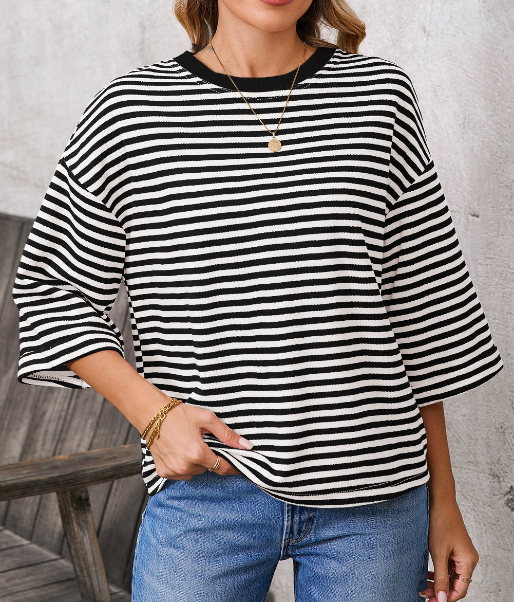 Blue Striped Knit Back Bow Open Back Top Women