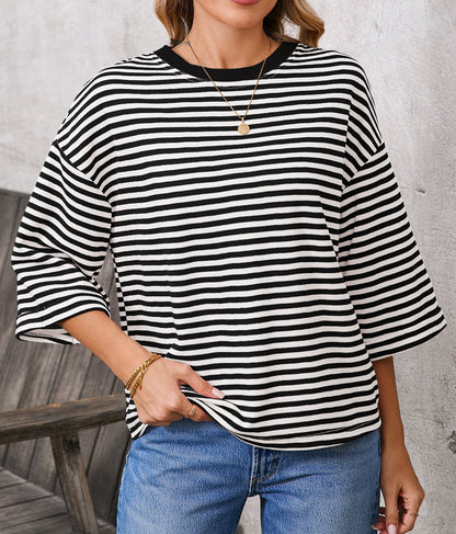 Blue Striped Knit Back Bow Open Back Top Women