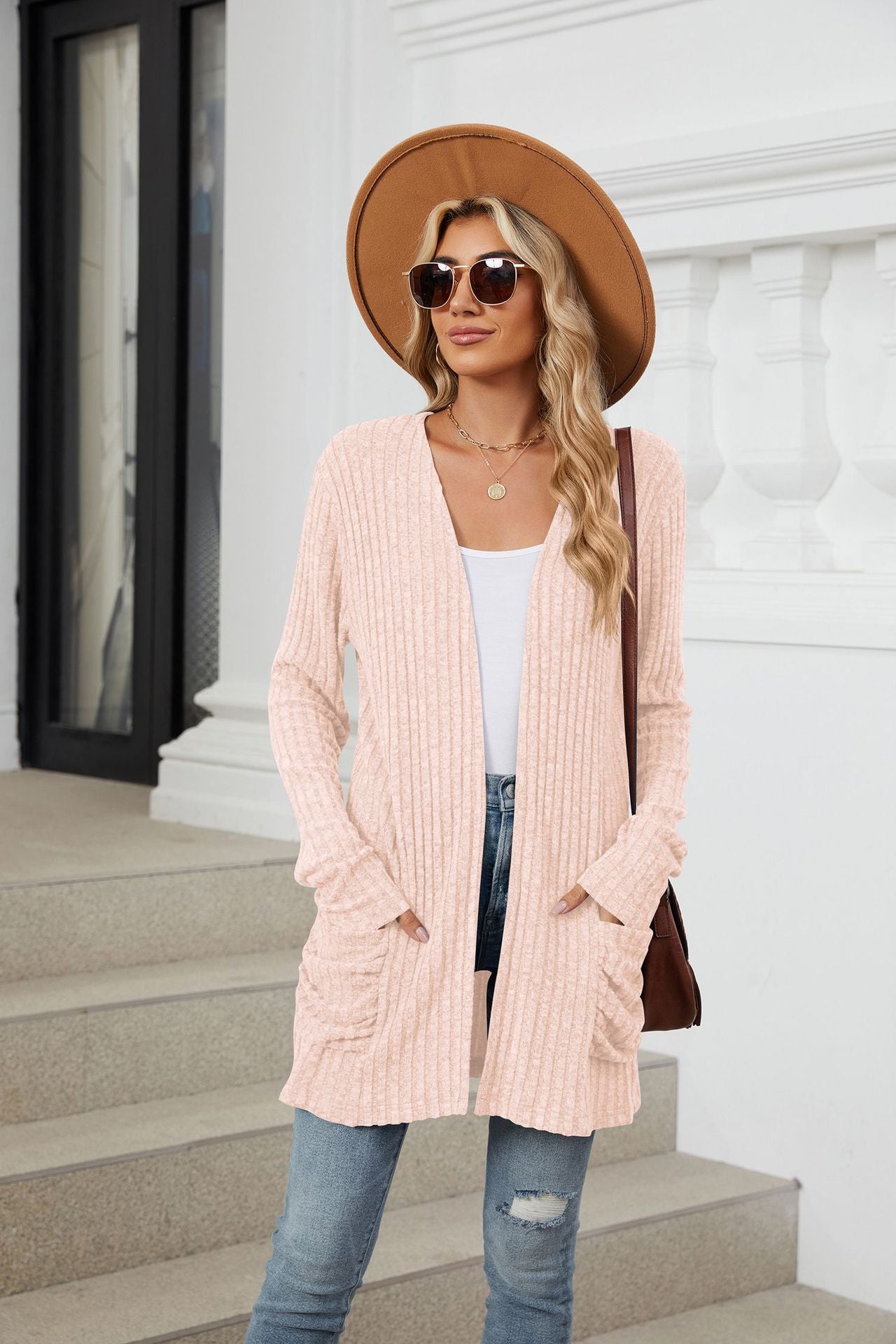 Simple Pocketed Long Sleeve Cardigan Knit Top