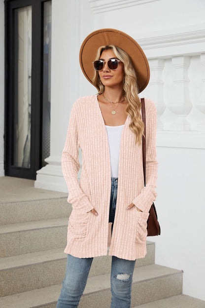 Simple Pocketed Long Sleeve Cardigan Knit Top