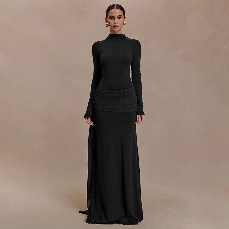 Elegant Mock Neck Long Sleeve Ruched Sash Maxi Dress
