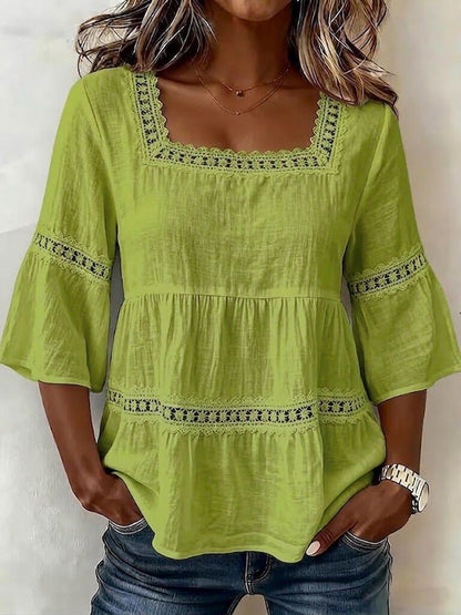 Women's Square Neck Lace Trim 3/4 Sleeve Linen Blend Top