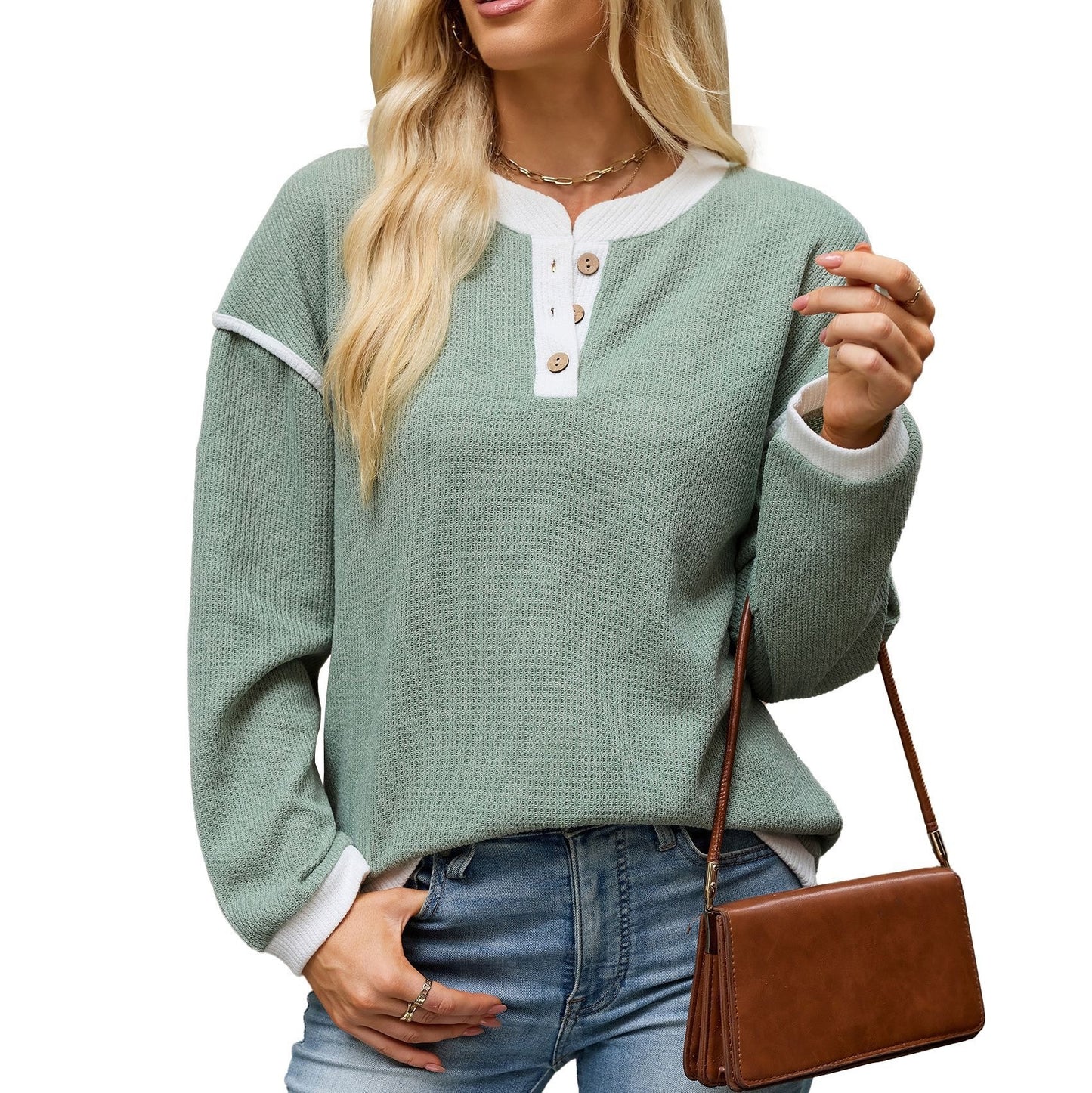 Women's Contrast Henley Long Sleeve Loose Casual Top