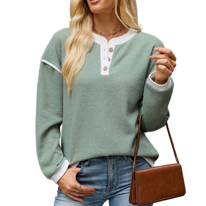 Women's Contrast Henley Long Sleeve Loose Casual Top