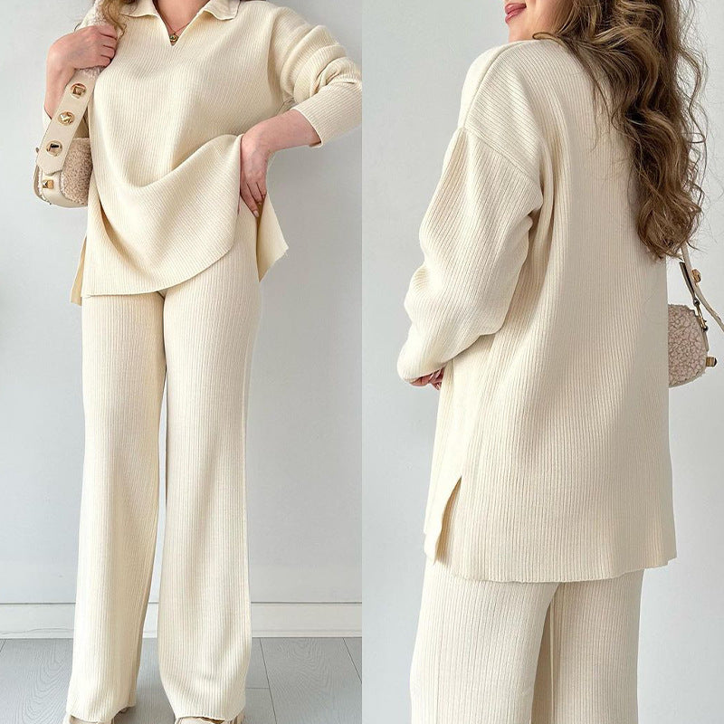 Ribbed Knit Side Slit Lounge Set Wide Leg Pants