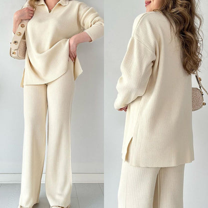 Ribbed Knit Side Slit Lounge Set Wide Leg Pants