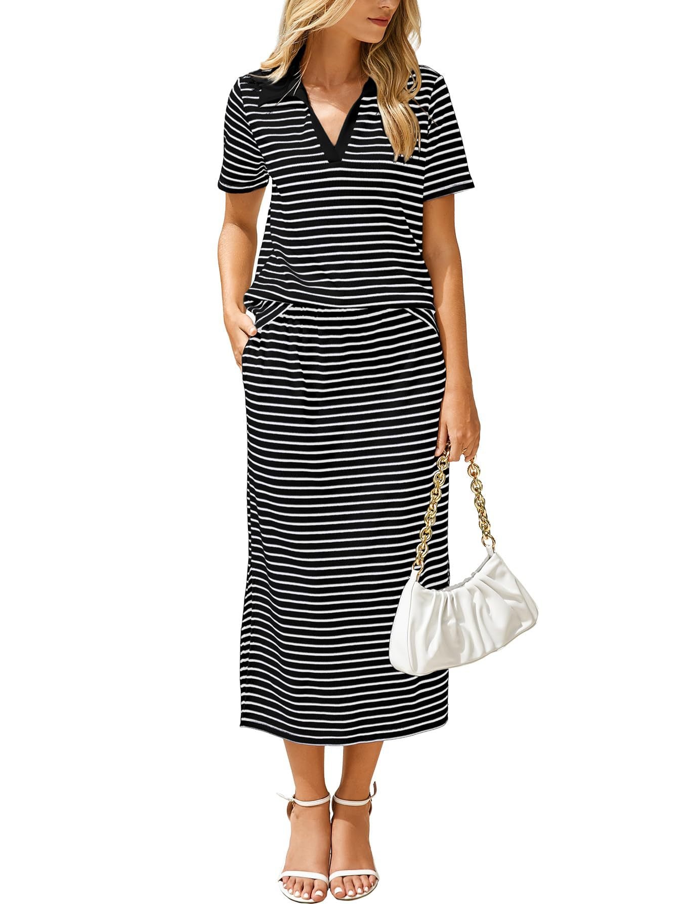 Striped Collared Top Slit Skirt Set Casual 2 Piece