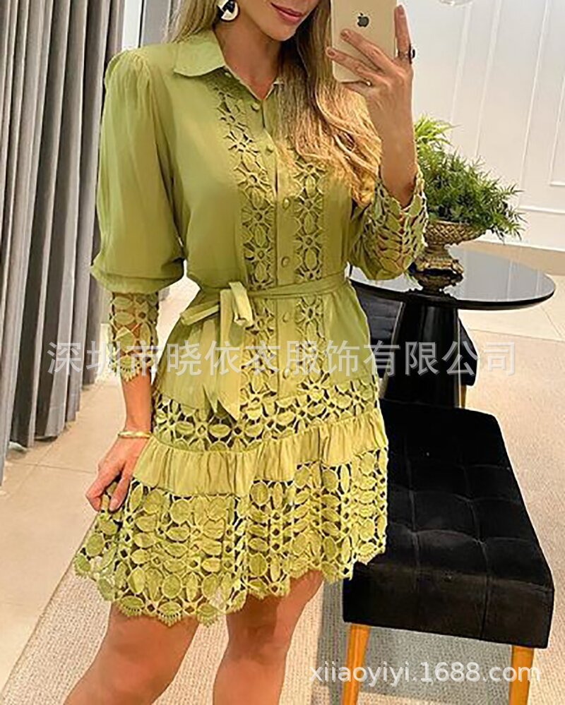 Women's Lace Long Sleeve Collared Shirt Dress