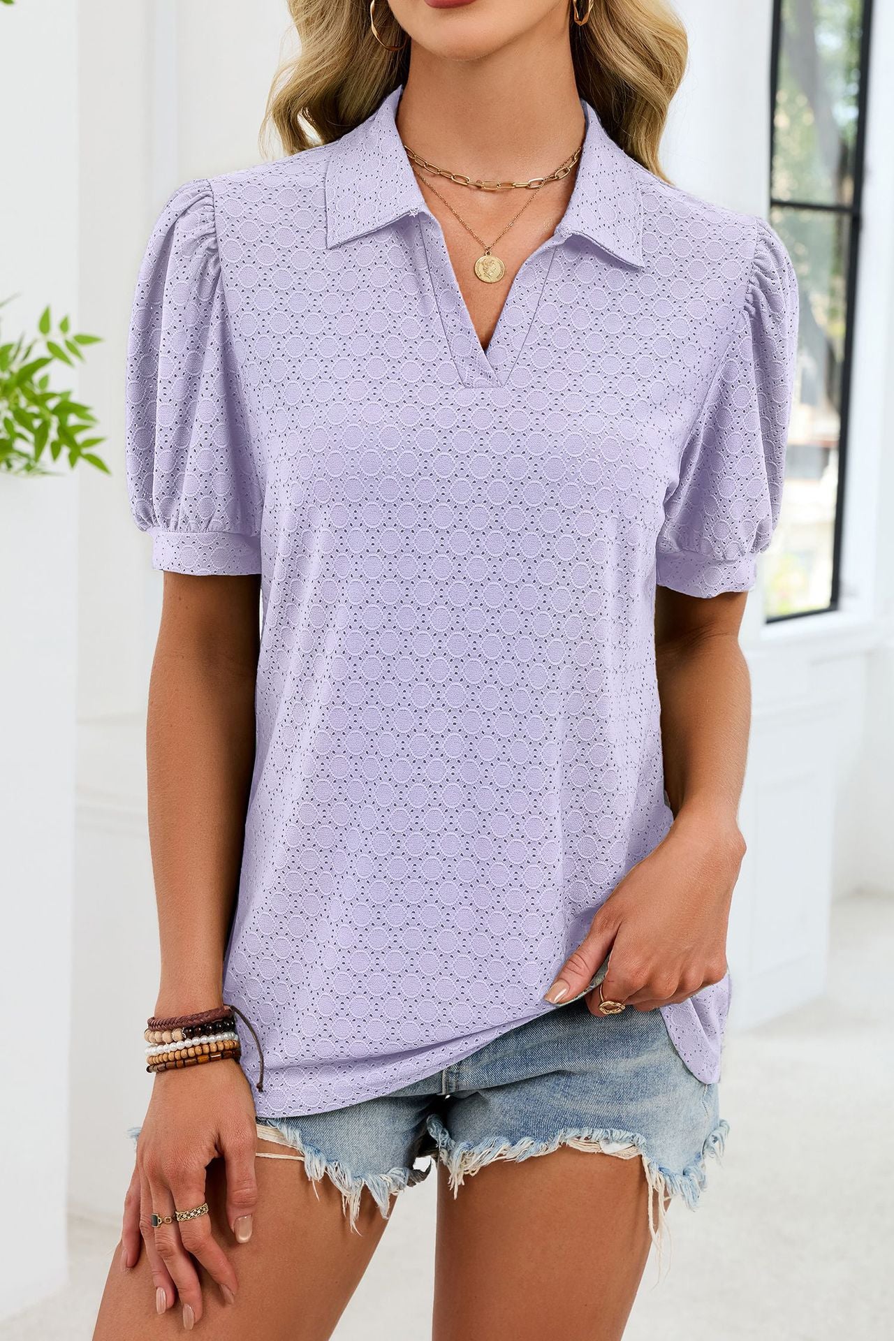 Eyelet V Neck Puff Sleeve Polo Blouse Casual Top