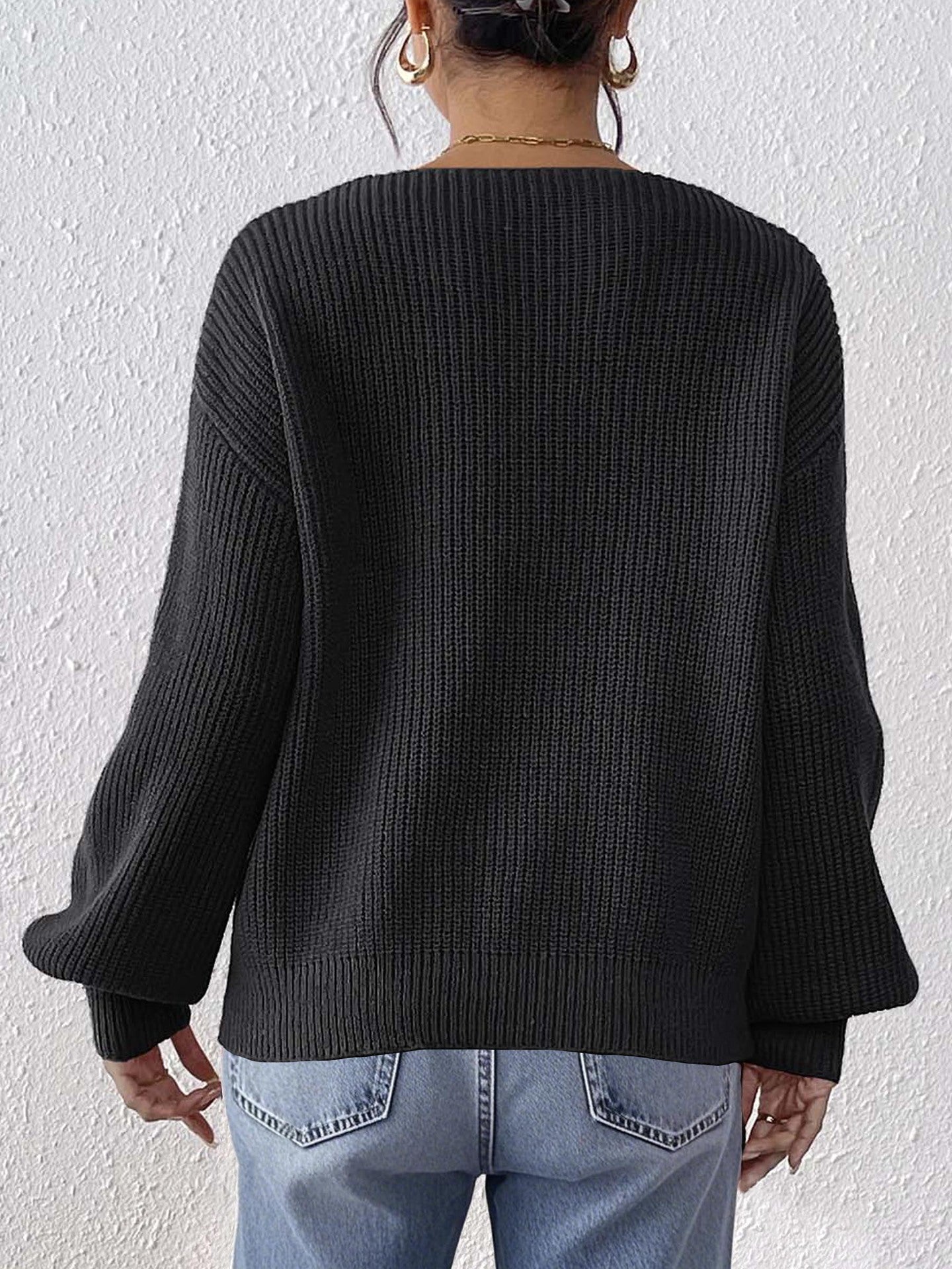 V Neck Knit Pullover Sweater with Lace Heart Detail