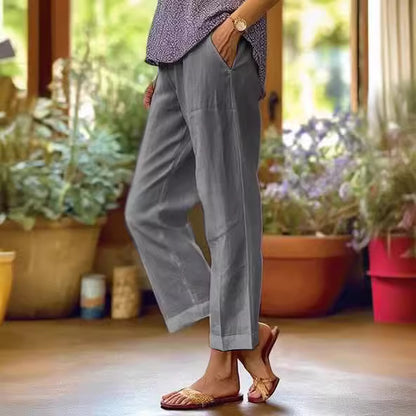 Women's Casual Straight Leg Cotton Linen Pants with Pockets