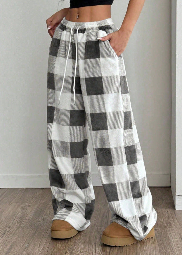 Plaid Wide Leg Capri Pants Elastic Waist Lounge