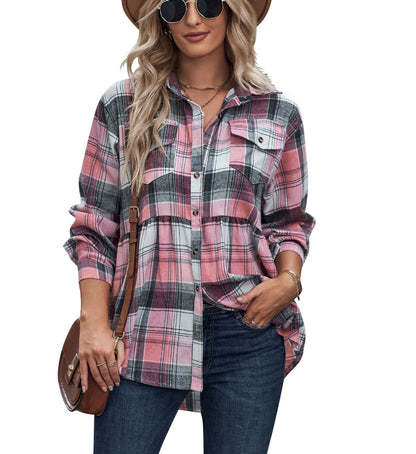 Plaid Lapel Long-Sleeve Casual Shirt with Pockets