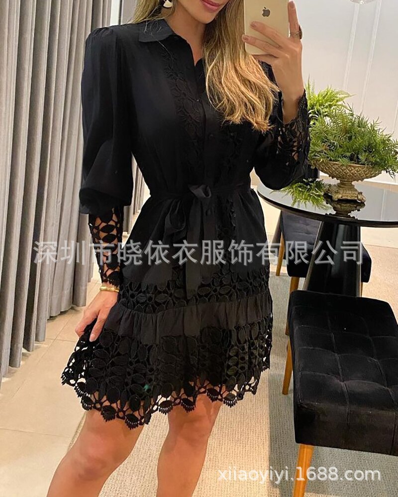 Women's Lace Long Sleeve Collared Shirt Dress