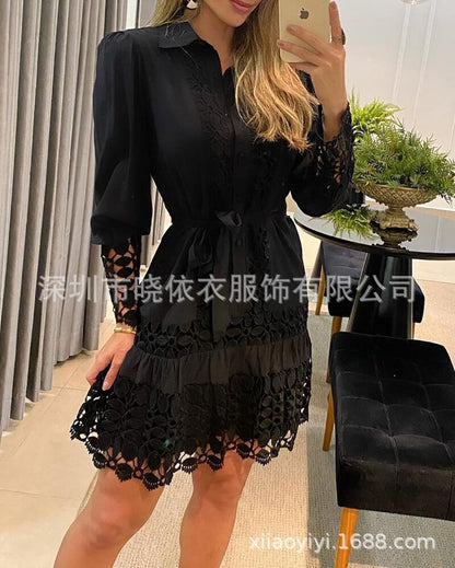 Women's Lace Long Sleeve Collared Shirt Dress