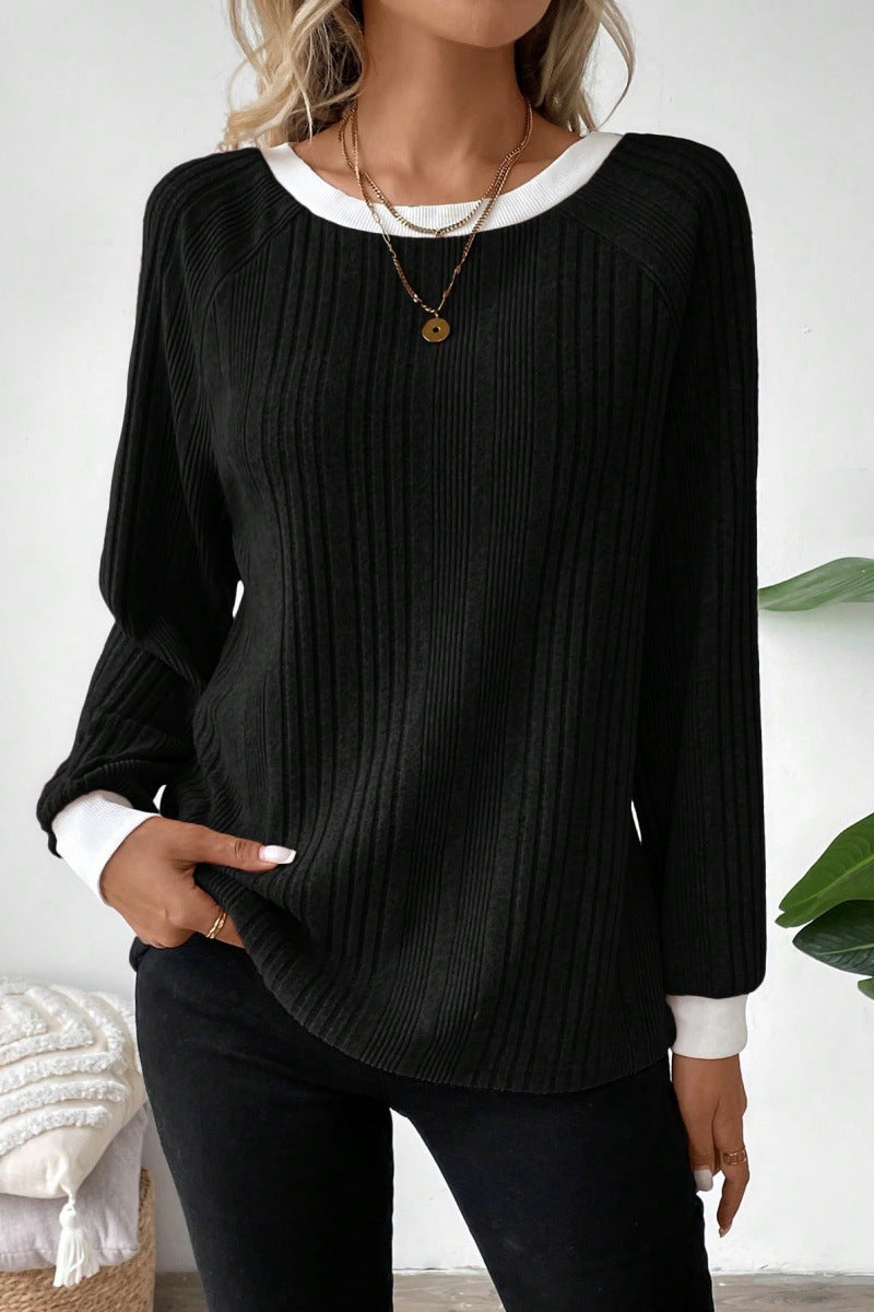 Women's Ribbed Crew Neck Long Sleeve Pullover Sweater