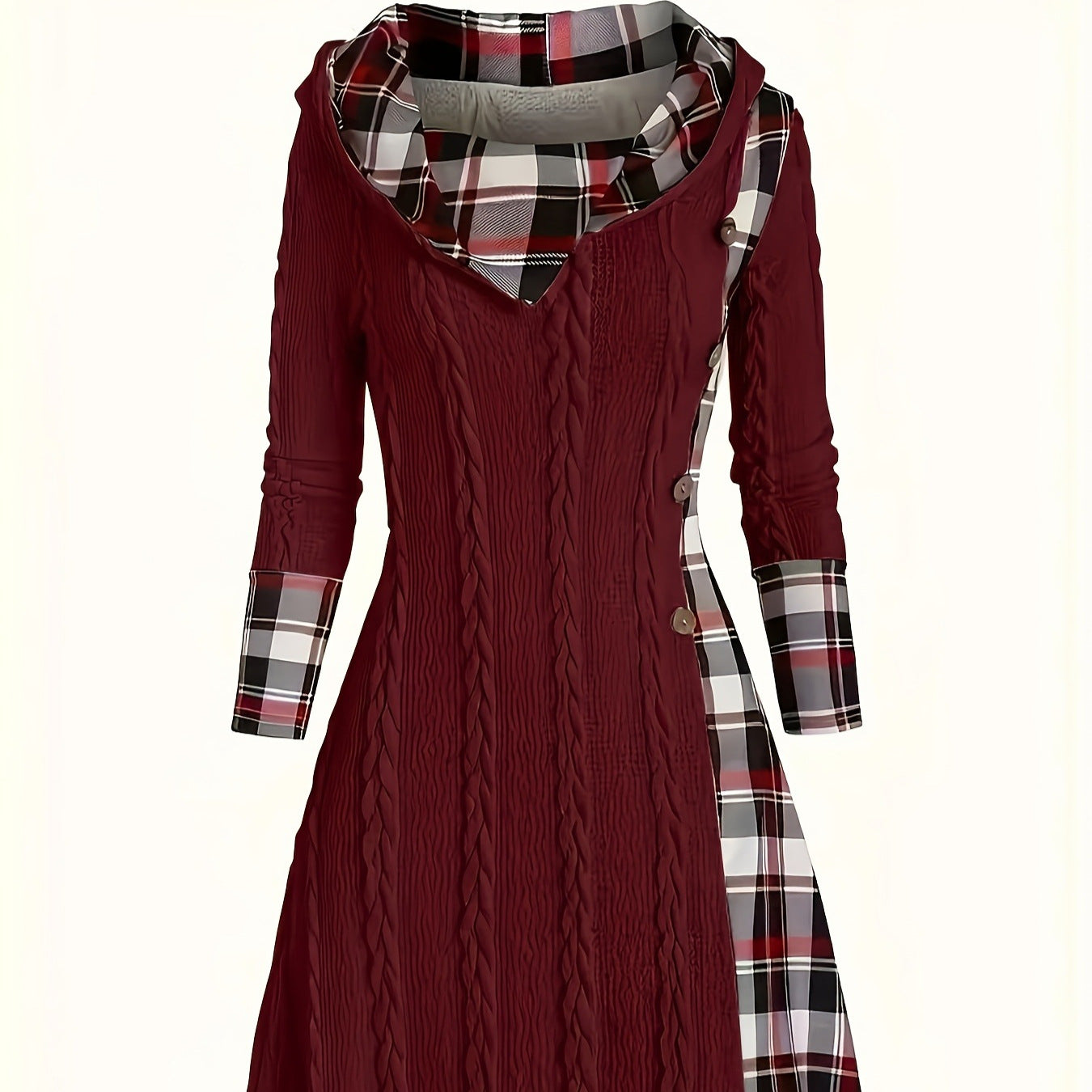 Hooded Cable Knit Sweater Dress Plaid Contrast Midi