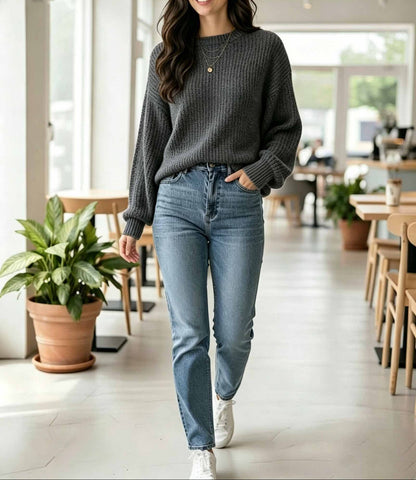 Women's Oversized Ribbed Crew Neck Pullover Sweater
