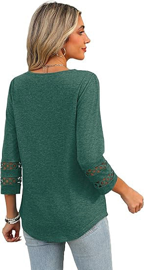 White V-Neck Lace Sleeve Casual Knit Top for Women