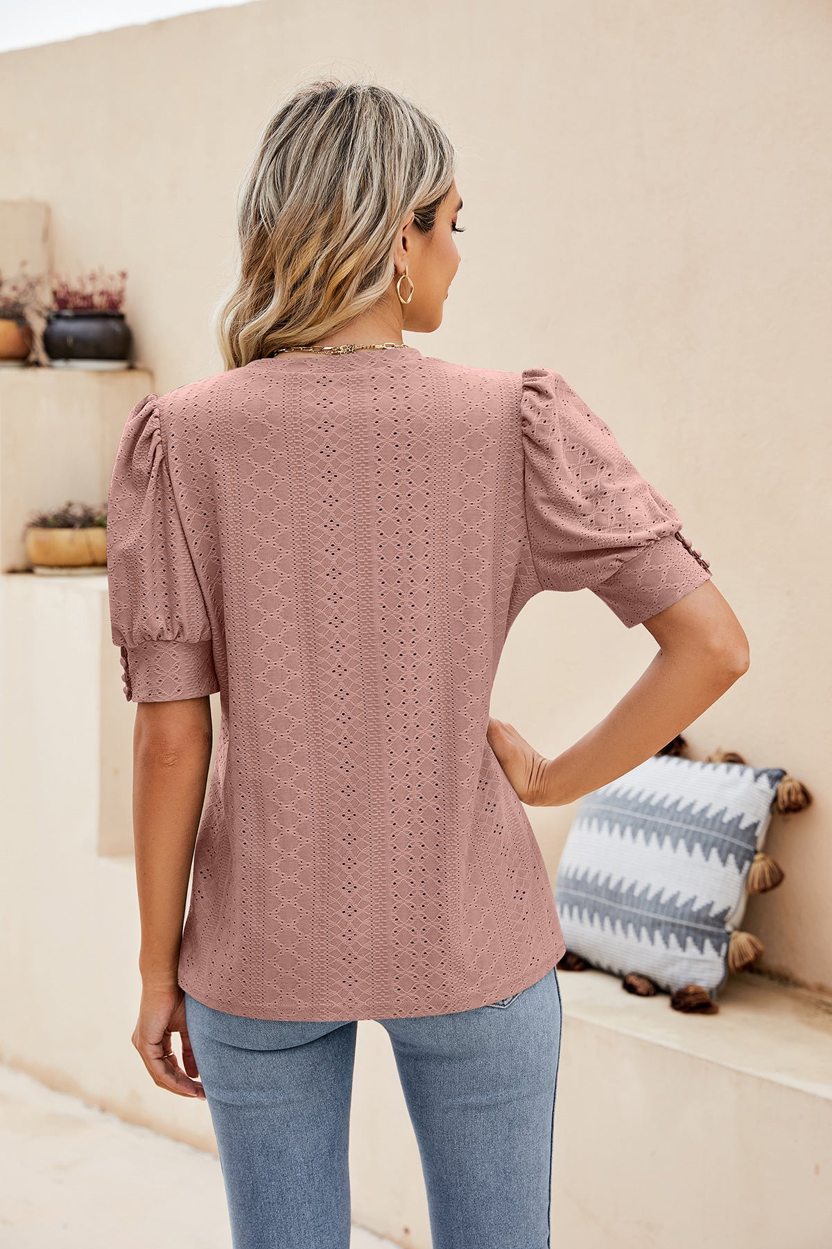 Sweet Puff Sleeve Shirt with Embroidered Cutouts