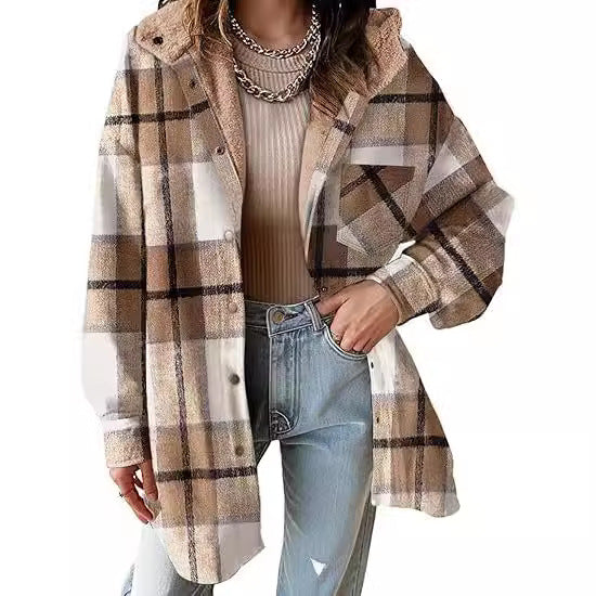 Women's Plaid Flannel Hooded Shacket Jacket