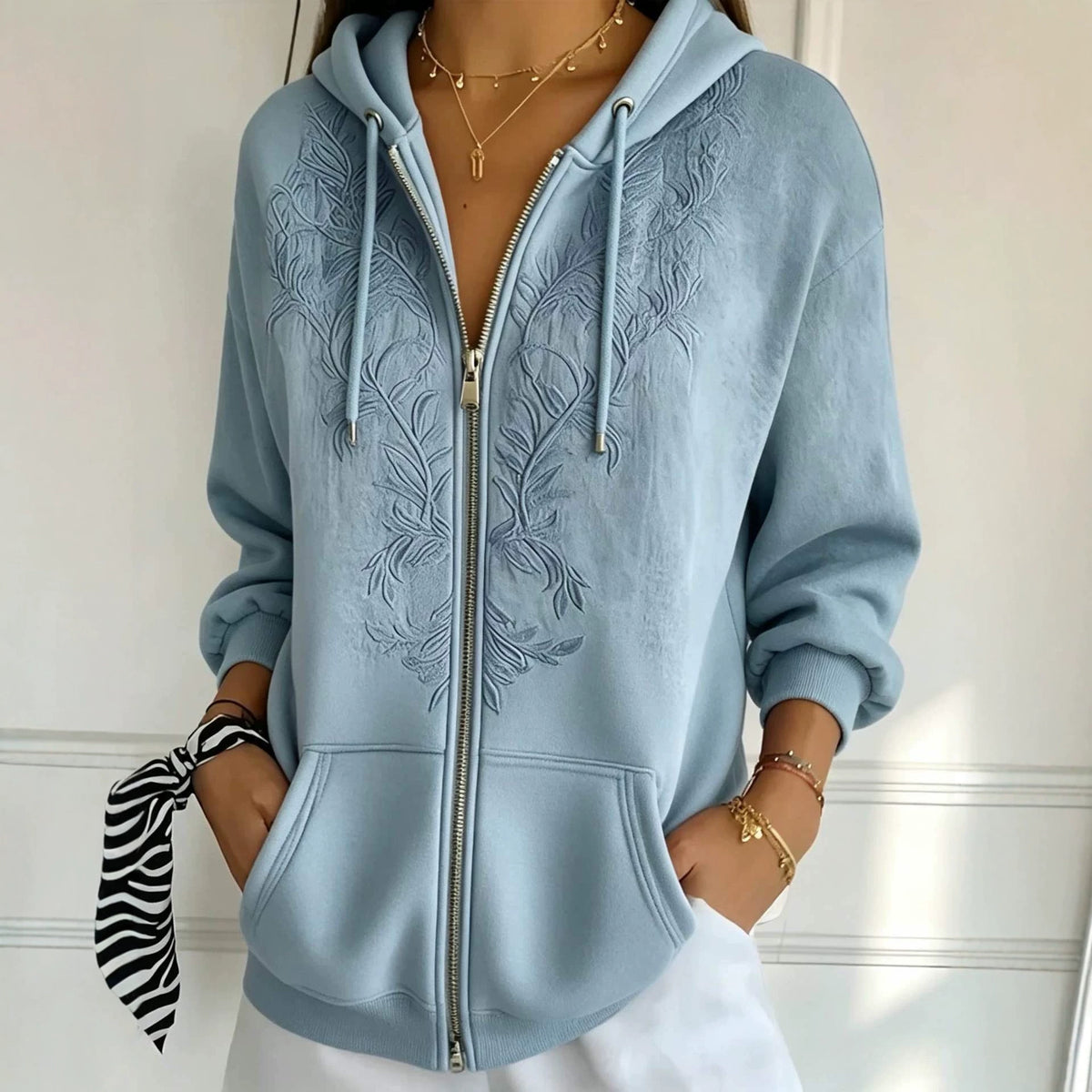 Women's Floral Embroidered Zip Up Hoodie Vintage Casual
