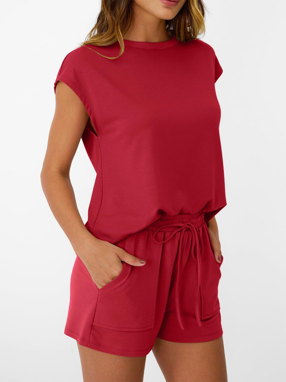 Solid Knit Shorts Set Crew Neck Pocket Lounge Outfit
