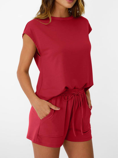 Solid Knit Shorts Set Crew Neck Pocket Lounge Outfit