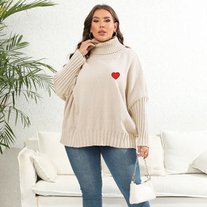 Women's Love Sticker Sweater Solid Color Turtleneck Loose Pullover